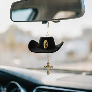 Faith Charm - cowboy hat with Virgin Mary charm and rhinestone trim. Red cross hanging charm