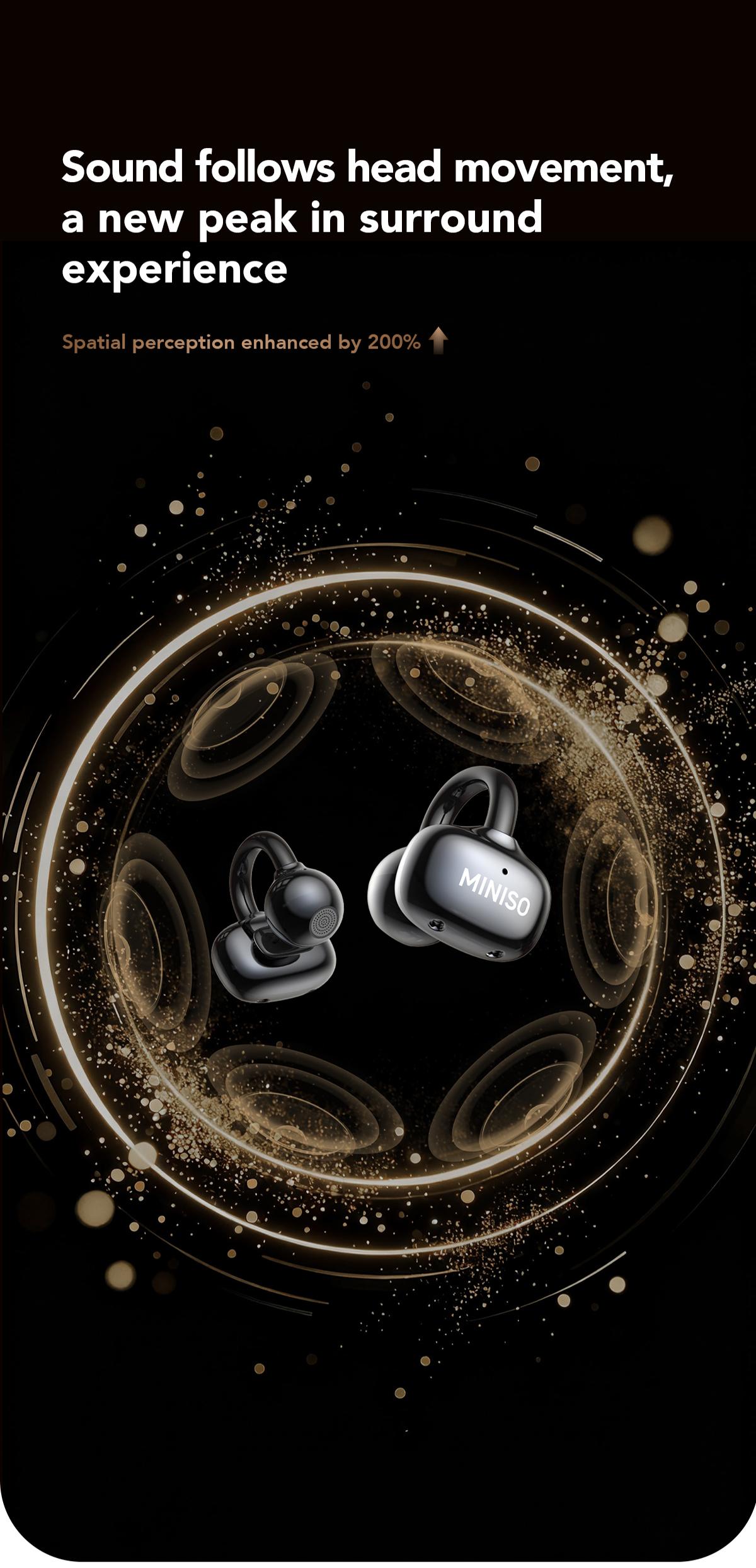 MINISO Clip On Earbuds Wireless Headphones with Bluetooth 6.0 Earphones, Stable Connection & Low Power Use, DT6.0 Pulse Directional Tech, 360° ACS Panoramic Sound, IPX5 Waterproof Audio Earbuds for Music & Calls, Comfortable for Sports