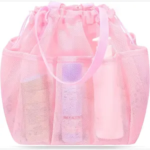 F-SBB43  Mesh Shower Caddy Portable with Drawstring, Dorm Room Essentials for College Students Girls, Large Shower Bag for Camping,Swimming,Gym,Travel,Bathroom - Pink