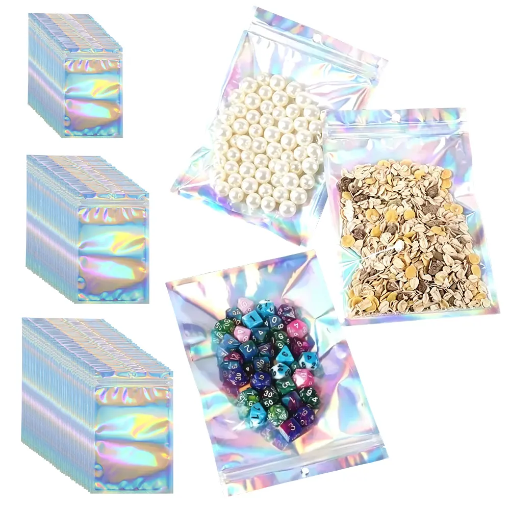 Pack of 100 Holographic Mylar Bags with Clear Window, Different Sizes Smell Proof Packaging Bags for Small Business, Resealable Small Foil Zipper Pouch for Candy Jewelry Goodie Gift & Party Favors
