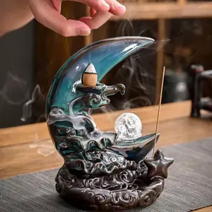 Ceramic Inverted Incense Burner Blue Moon Sun Smoke View Decorative Holder, Creative Sandalwood Bakhoor Aromatherapy Table Home Decoration, Calming Home Fragrance