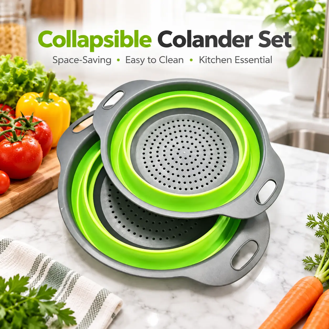 2-Piece Sturdy Collapsible Colander Set, Food-Grade Silicone Folding Strainer with Handle, Space-Saving Draining Kitchen Home Supply, Green