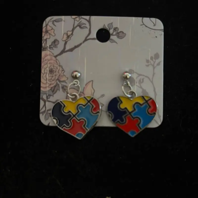 Handmade Heart Shaped Autism Awareness Earrings with Colorful Puzzle Design for Awareness Support