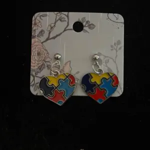 Handmade Heart Shaped Autism Awareness Earrings with Colorful Puzzle Design for Awareness Support
