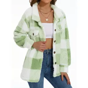 Stylish Plaid Teddy Coat - Women's Casual Jackets with Long Sleeves, Thermal Insulation, and Versatile Button Front Design for Winter Outwear - Soft, Warm, and Cozy
