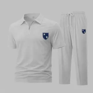 Men's Daily Look: Wing Golf Polo President With The Print Waffle Knit Polo Shirt and Athletic Pants Set, Short Sleeve Zip-Up Collar Two-Piece Outfit, Casual Sportswear, Lightweight Breathable Comfortable Daily Wear Travel Loungewear