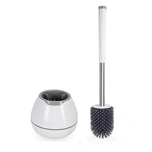 BOOMJOY Toilet Brush and Holder Set, Silicone Toilet Bowl Cleaner Brush, Bathroom Cleaning Bowl Kit with Tweezers, Bathroom Accessories with Aluminum Handle - White