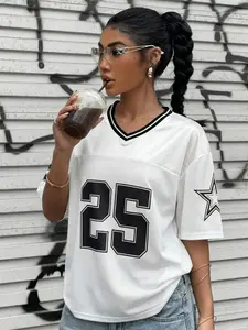 Y2K Oversized Mesh Football Jersey for Women, 25 Star Graphic V-Neck Streetwear T-Shirt, Breathable Casual Summer Top, Vintage Sporty Graphic Tee, Trendy 90s Aesthetic, Loose Fit Athletic Jersey for Daily Wear, Going Out, Concert, Festival, Gym