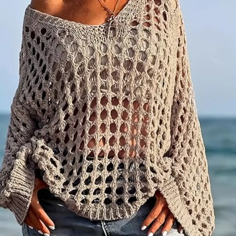 Plus Size Women's Crochet Knit Pullover Sweater, Knitwear, Tops, Long Sleeve Jumper, Loose Fit, Oversized, Summer Lightweight, Suitable for Various Occasions, Casual, Knitting, Breathable Knit Clothing