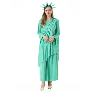 Statue of Liberty Costume for Women Freedom Independence Day Green Outfit with Crown Adult Halloween Cosplay