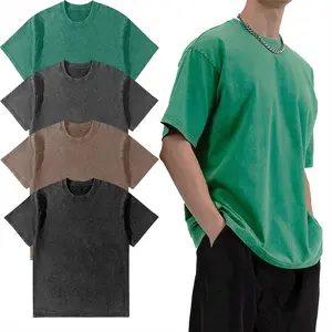 Men's Unisex Short-Sleeve Round Neck Plain T-Shirt - 4-Pack Oversized Acid Wash Heavyweight Cotton Vintage Baggy Loose-Fit Top, Green+Black+Grey+Brown, for Gym Workout & Casual Streetwear (Spring Summer), Shortsleeve