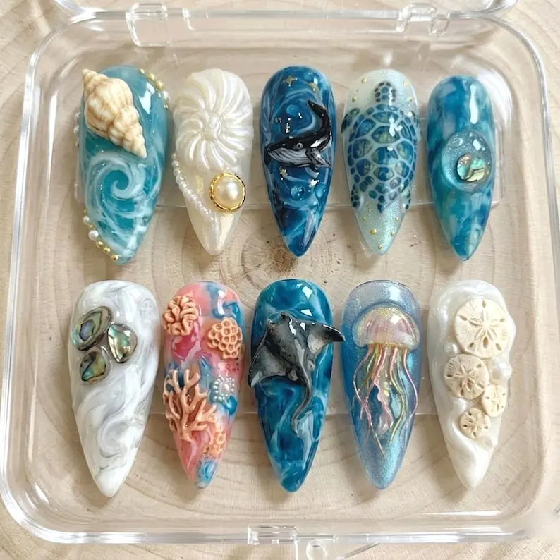 Ocean Press On Nails 3D Sea Life Seashell Turtle Whale Jellyfish Mermaid Beach Summer