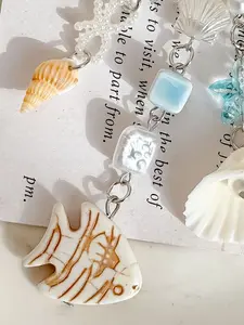 Ocean Beach Shell Pendant, Handmade Beaded Travel Souvenir, Small Fish Shell Charm, Car Hanging Decor, Bag Decoration