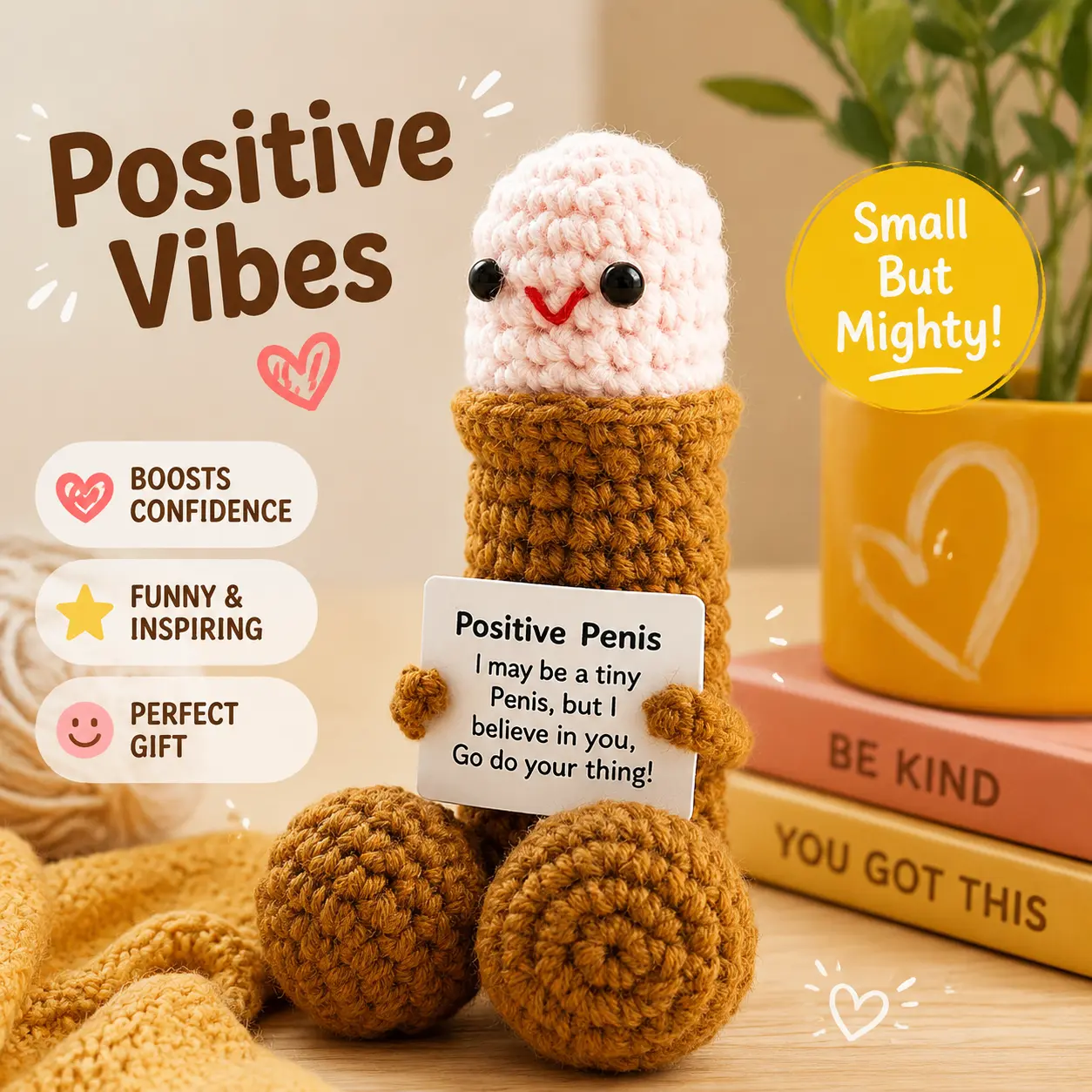 Funny Handmade Crochet Positive Penis Doll with Affirmation Card, Cute Desk Companion Gag Gift for Friends, Emotional Support Knitted Plush Figurine, Funny Birthday & White Elephant Gift