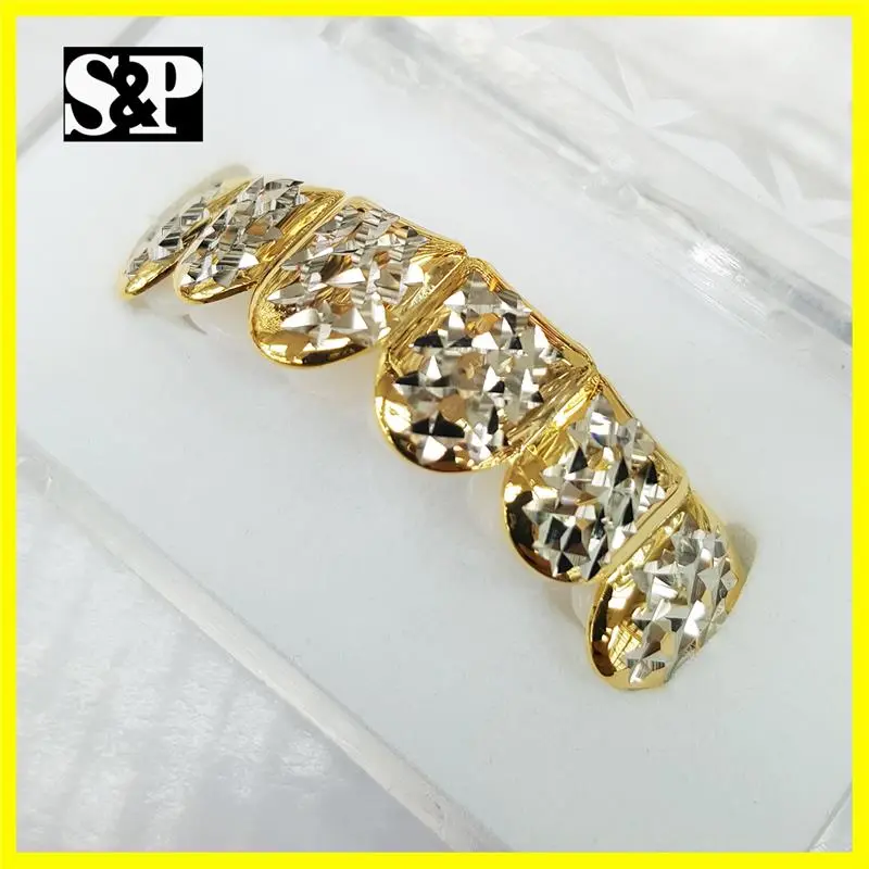 14k Gold Plating Rapper Custom Grillz Bling Diamond Cut Two Tone Upper Top Teeth