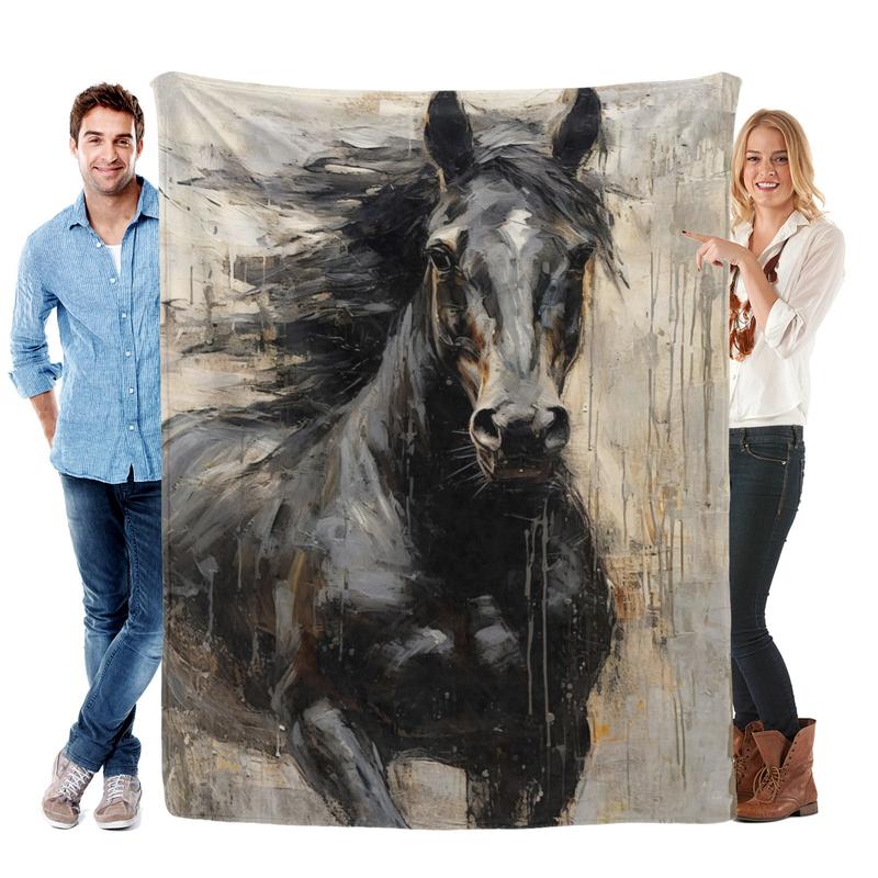 Abstract Black Horse Themed Cozy Flannel Blanket - Artistic Equine Soft Throw - Super Soft Plush Gifts for Horse Lovers & Modern Art Fans