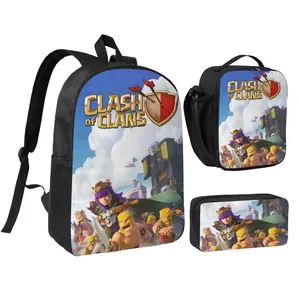 Ultra Light Clash of clans School Daypack 3pcs Stylish Spanish Players Backpack Set with Insulated Lunch Bag & Pencil Pouch Hot Trend Clash royale Backpack   Back to School Gifts