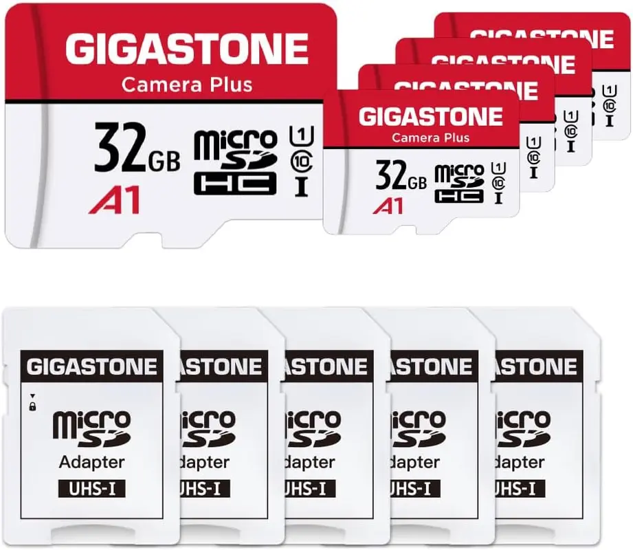 GIGASTONE 32GB Micro SD Card 5-Pack, Microsdhc Memory Cards for Security Cameras, Wyze Cam, Roku, Full HD Video Recording, UHS-I U1 A1 Class 10, up to 90Mb/S, with Adapter Gigastone