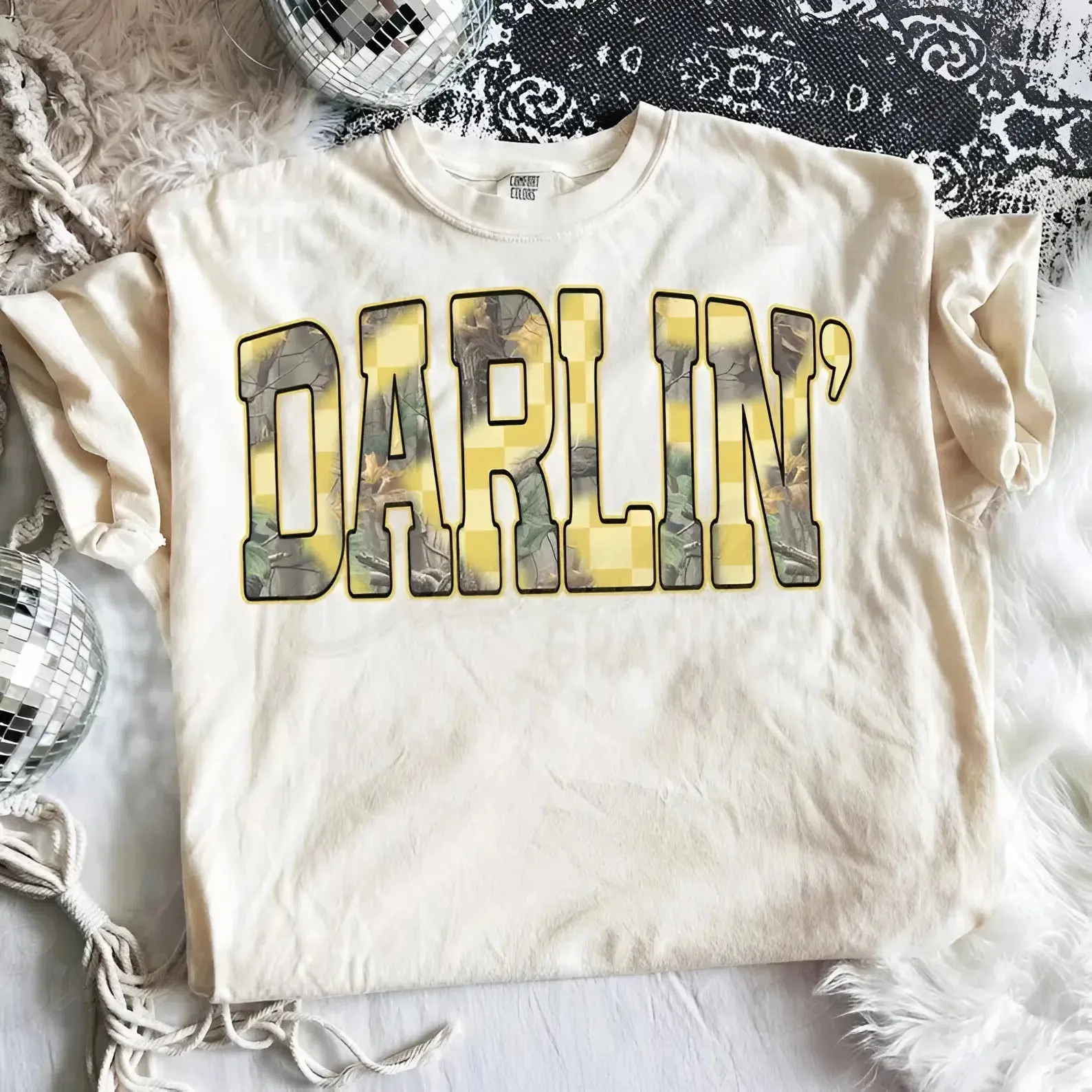 Comfort Colors Darlin’ Butter Yellow Camo Checkered Tee, Retro Western Graphic Shirt, Vintage Summer Southwest Aesthetic T-Shirt, Country Girls Tee