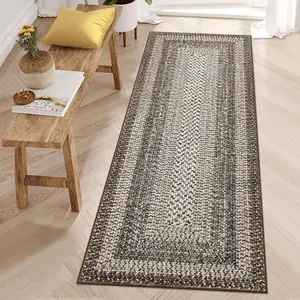 GARVEE Area Rug 2x6 Braided Print Washable Rugs Non-Slip Hallway Runners Entryway Rug Runner Ultra-Thin Farmhouse Kitchen Mat Bedroom Bedside Laundry Distressed Rugs Non-Shedding Accent Carpet Tan