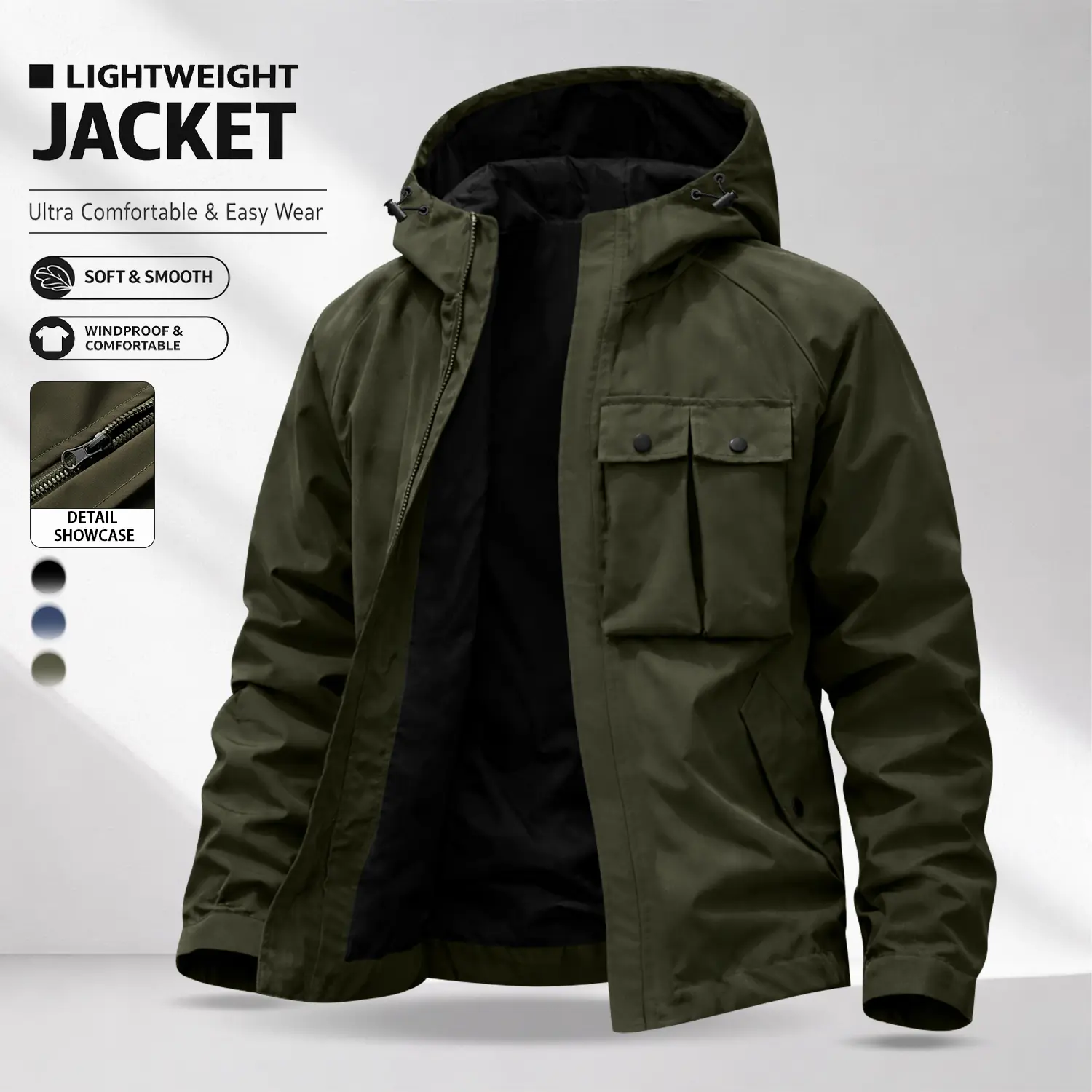 Men’s autumn/winter solid-color workwear hooded jacket with multiple pockets—casual everyday wear, versatile outerwear available in multiple colors