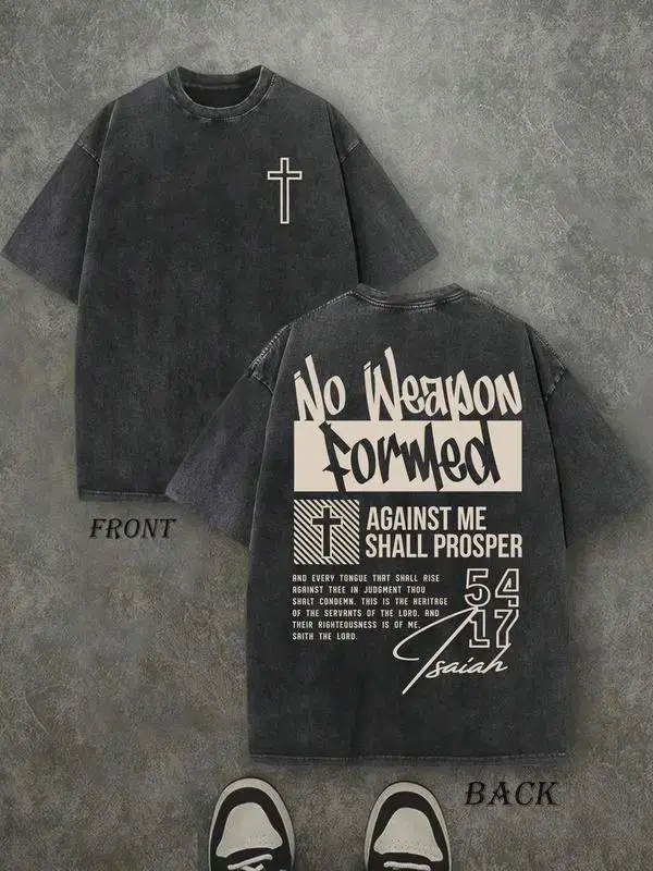 Isaiah 54 17 No Weapon Formed Christian Graphic T Shirt Acid Wash Oversized Vintage Heavyweight Tee Faith Based Streetwear Gym Pump Cover Dark Aesthetic Y2K Grunge Retro Workout Top Men Women Fits