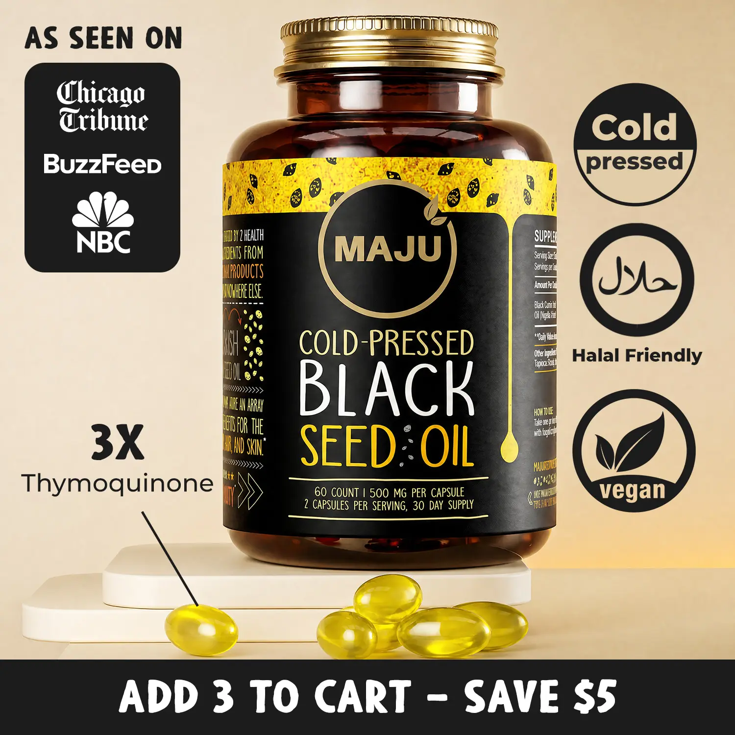 MAJU Black Seed Oil Capsules (60ct) - Thymoquinone, Vitamin Supplement, Fitness, Optimum Dietary Healthcare Support Essential Aminos Edible