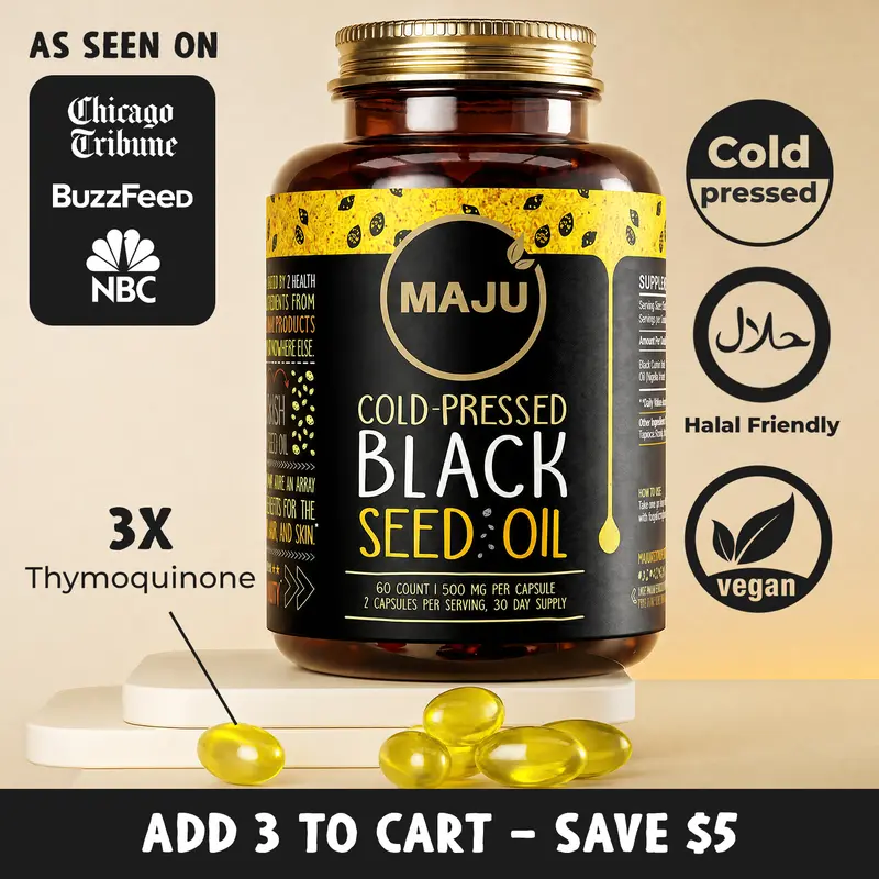 MAJU Cold-Pressed Black Seed Oil Softgel Capsules, 500 mg per Capsule, 60 Count, Edible Dietary Supplement