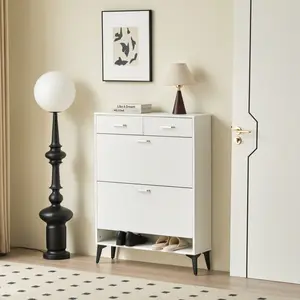 Bellemave Freestanding Anti-Tipping Rectangular Large Storage Cabinet Sideboard - Durable 200lb Capacity Particleboard Organizer with 2 Flip Drawers, 2 Standard Drawers, Double-Compartment Shoe Storage, Vertical Dresser for Entryway, Hallway