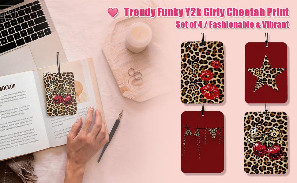 DIBMS Red Leopard Print Car Air Freshener 4 Pcs, Trendy Funky Y2k Girly Cheetah Print Lips Star Cherry Air Freshener Hanging Decor for Cars Closet Drawer Books Accessories Gifts