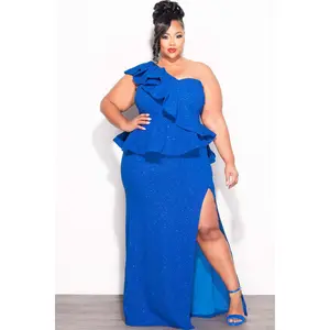Final Sale Plus Size One Shoulder Layered Ruffle Gown in Royal Blue Glitter