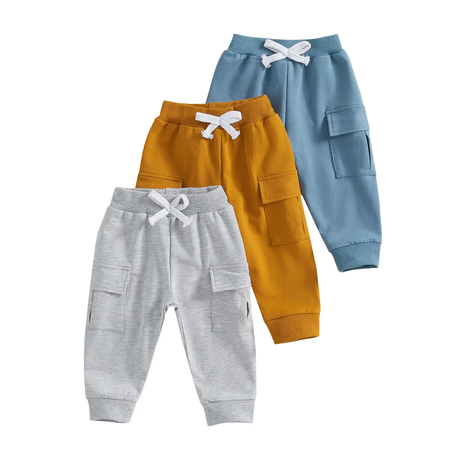 3Pack Baby Boy Girl Cargo Pants Solid Color Elastic Waist Trousers with Pockets Causal Sweatpants Jogger Pants Fall Winter Clothes Outfits 0M-3T
