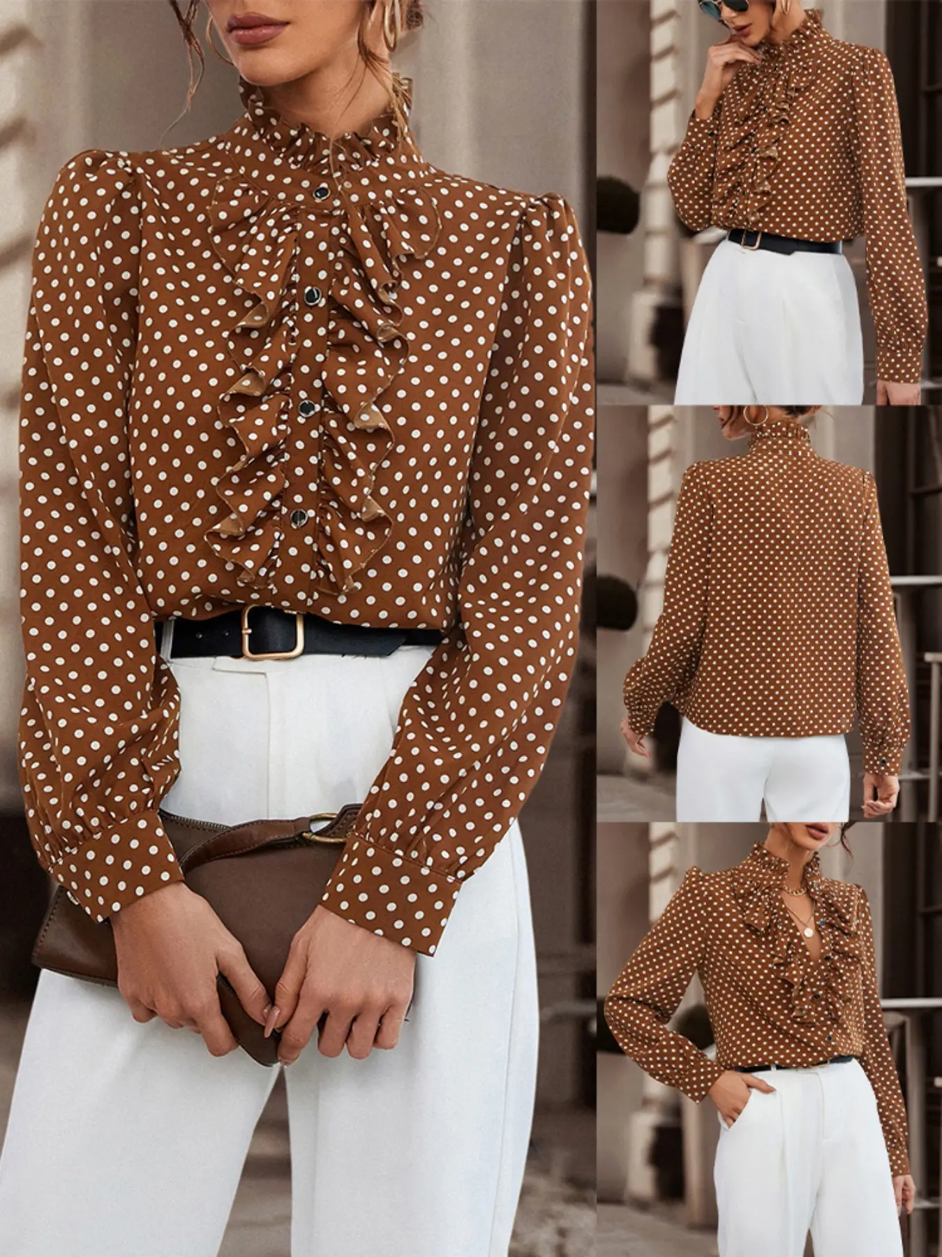 Women's Bottom Polka Dot Stand Collar Long Sleeve Shirt, Vintage Elegant Commute Style, Fitted Bubble Sleeves, Easy Pairing