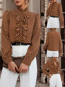 Women's Bottom Polka Dot Stand Collar Long Sleeve Shirt, Vintage Elegant Commute Style, Fitted Bubble Sleeves, Easy Pairing