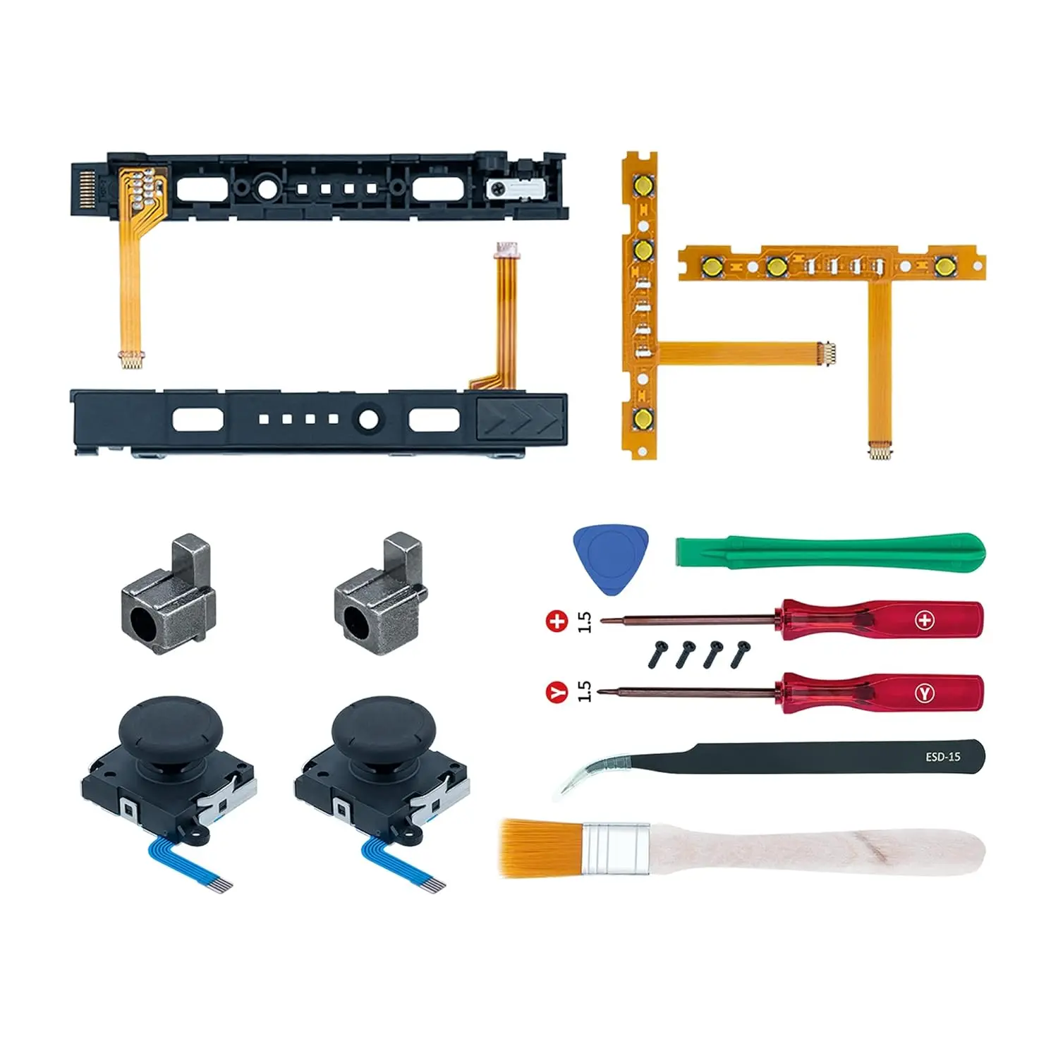 18 In 1 Replacement Repair Kit for Nintendo Switch Joy-Con Console Accessories, Including Screwdrivers, Opening Tool, 3D Left & Right Analog Joysticks, Buckle Lock, Charging Port Slider, Button Sync Flex Cable Set, Crowbar, Repair Broken Analog, Durable A