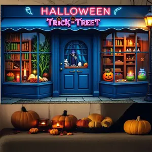 1pcSpooky Halloween Trick or Treat store front window display background banner design, made of polyester, perfect for Halloween party decoration.
