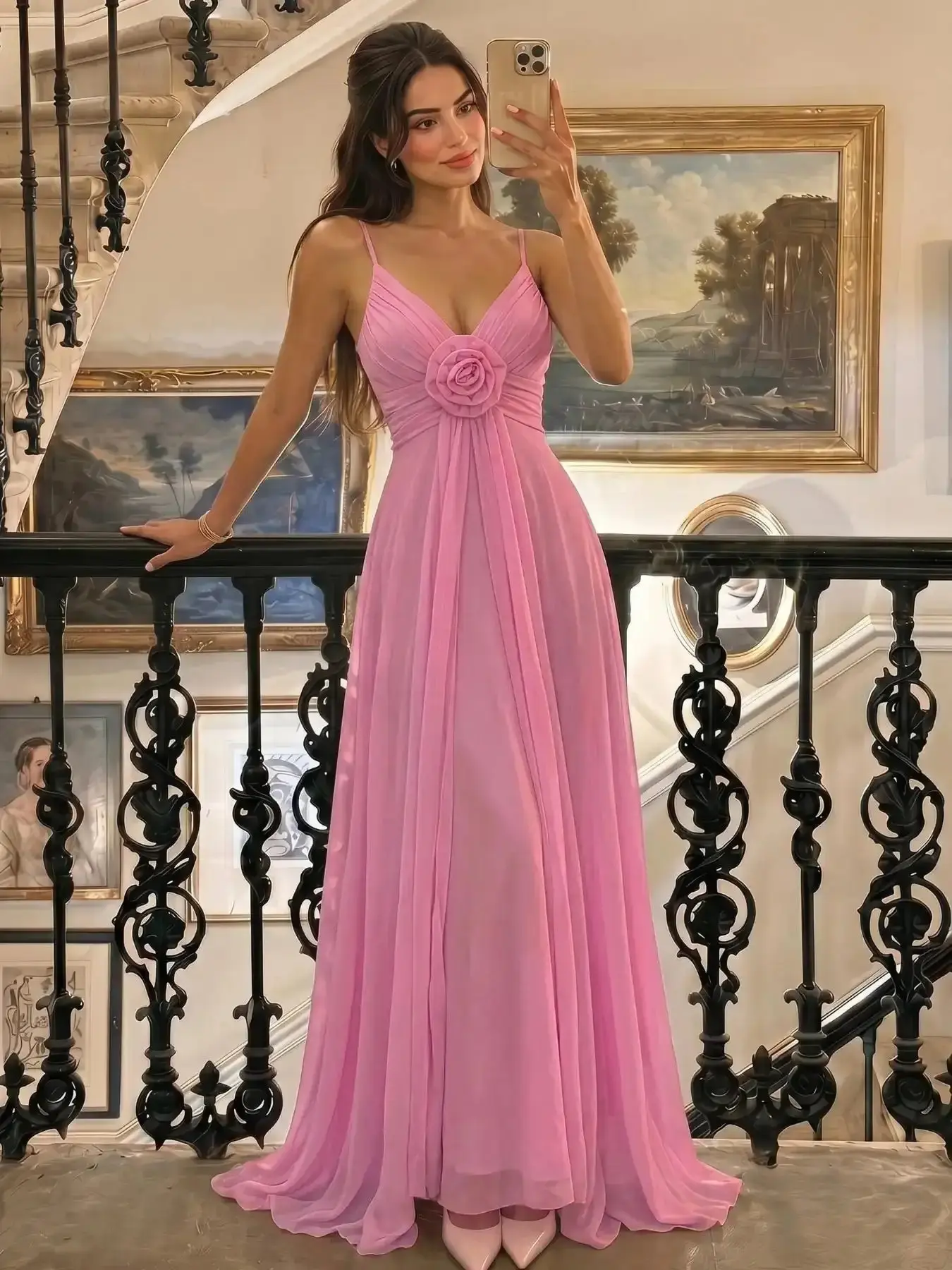 Pink Spaghetti Strap Rose Detail V-Neck Maxi Gown, 2026 Trending Bridesmaid Style, Elegance, Feminine, Soft Flowy Fabric for Wedding & Evening Women's Waist Cinch Chiffon Dress, Evening Gown, Bridesmaid Dress