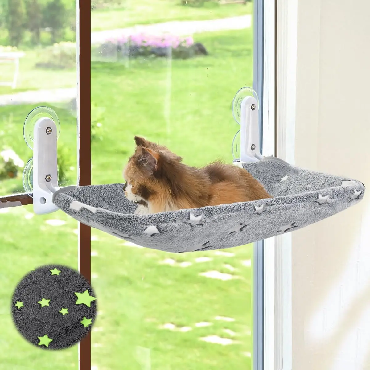Cordless Wall Mounted Cat Window Perch Hammock Bed - Glow-in-the-Dark Star Print, Night Visibility, Foldable, Sturdy Cordless Braced Metal Frame, Sunbathing Indoor Cat Seat, Accessories Replacement, Cordless Braced Frame