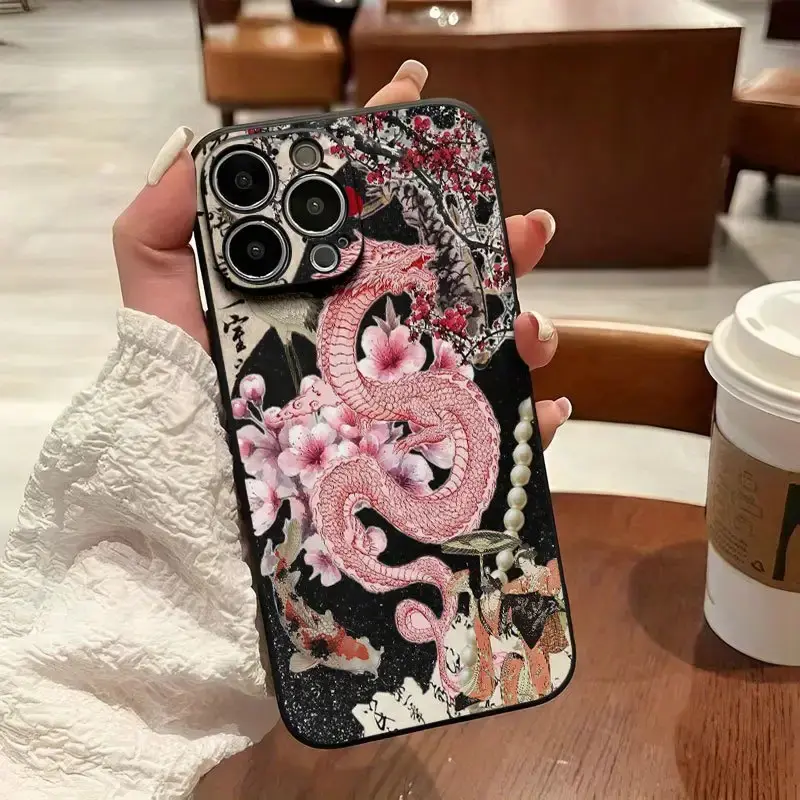 Dragon and Cherry Blossom Koi Design Traditional Kimono Pattern Phone Case for iPhone 16 15 14 13 12 11 Pro Models TPU Material Shockproof Protection Simple Style Gift for Family Friends Children Birthday New Year Valen Suitable for Google Pixel 10 Pro XL