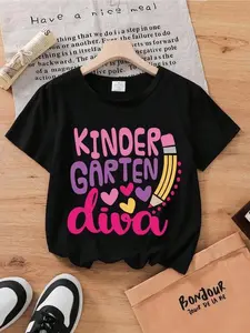 1pc Girls' Kindergarten Diva Print T-Shirt - Cute Cartoon Pencil & Hearts Design with "I'm a Kindergarten Diva" Slogan, Short Sleeve Round Neck Summer Top for 3-13 Years Old, Back to School Outfit, Casual Playwear, Birthday Party C (3-13Y)