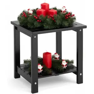 2-Tier Adirondack Outdoor Side Table, 16.6" Acacia Weather-Resistant End Table with Shelf for Patio, Garden, Lawn, Living Room (Black)