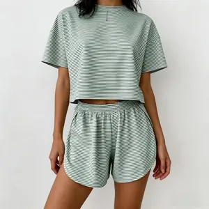2025 Fall Loose Pajama Set Women's Knit Stripe Short Sleeve & Shorts Stylish Loungewear Outdoor Wear Skin-Friendly Comfortable