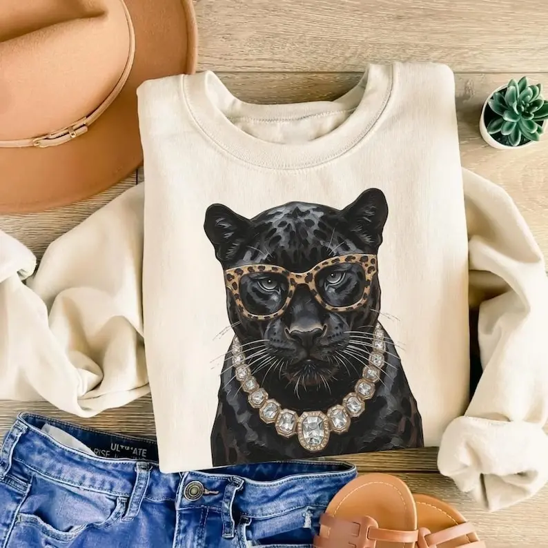 Glam Panther Sweatshirt, Preppy Women's Panther Tee, Bling Boujee Hoodie, Preppy Panther Shirt, Trendy Luxury Animal Outfit