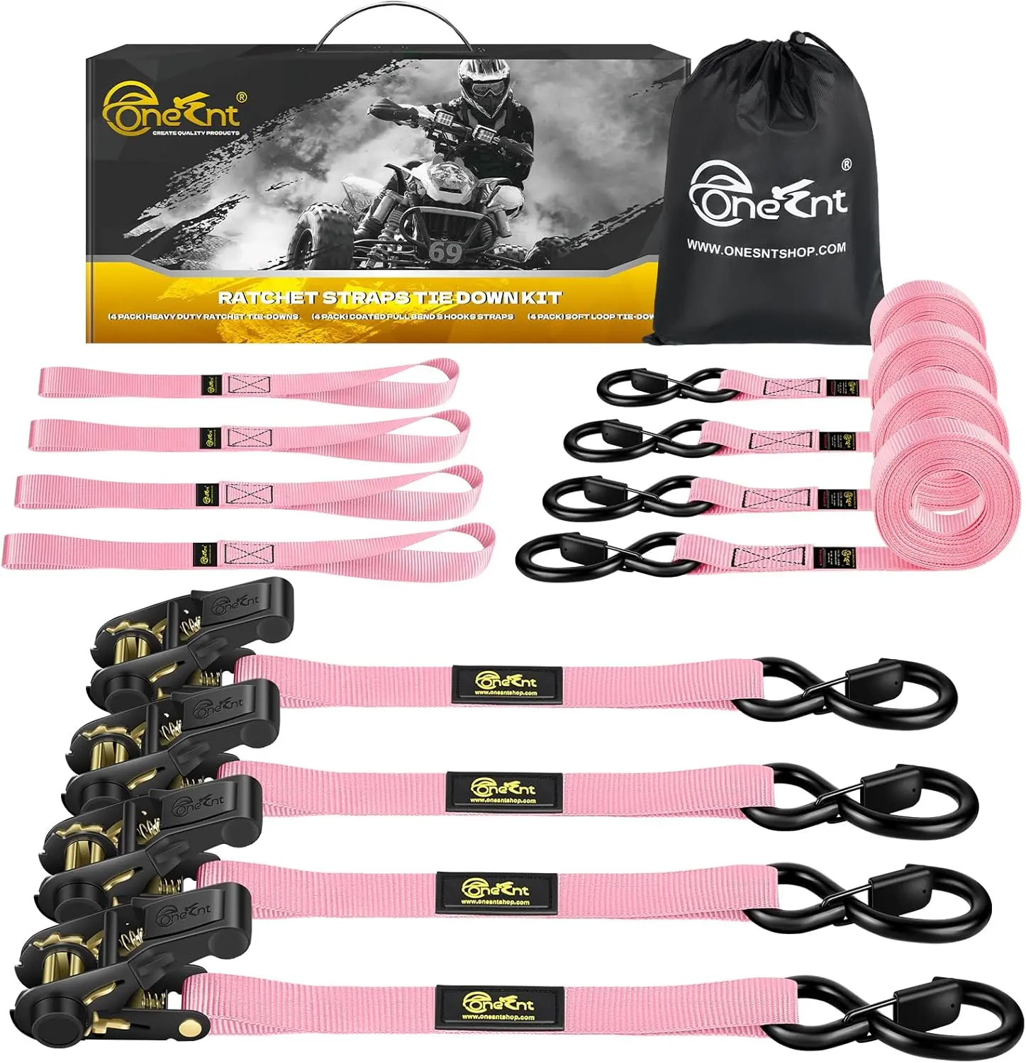 4 count Ratchet Tie Down Straps Kit for 2400lb Break Strength | 1 x 16FT Tie Down Straps with Soft Loop Tie-Downs & Safety S Hook - Cargo Strap Tie Down for , , Moving, Appliances - Pink