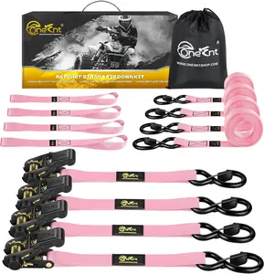 4 count Ratchet Tie Down Straps Kit for 2400lb Break Strength | 1 x 16FT Tie Down Straps with Soft Loop Tie-Downs & Safety S Hook - Cargo Strap Tie Down for , , Moving, Appliances - Pink