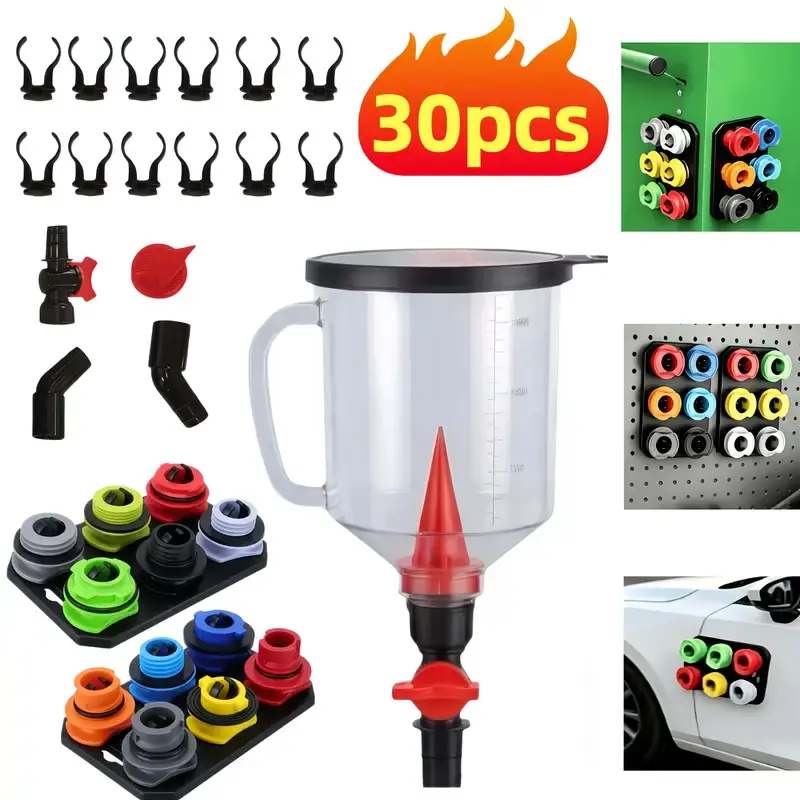30Pcs Universal Antifreeze Coolant Funnel Set,1.5L Large Capacity Transparent Radiator Filling Funnel with Flow Control Valve,45° Elbow Bend & Multi‑Size Adapters,No‑Spill Coolant Fluid Filling Tool for Most Vehicles