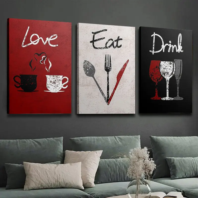 Stylish Three-Piece Kitchen Decor Set - Love, Eat, Drink Canvas Wall Art |   Modern black and red design suitable for restaurants |   Framed painting |   Perfect gift for her or a chef, wooden frame