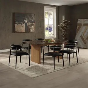 Acme DN03465-7PC-BK 7 pc Jaramillo Natural Finish Wood Base Marble Top with Gold Accent Trim, Modern Dining Table Set