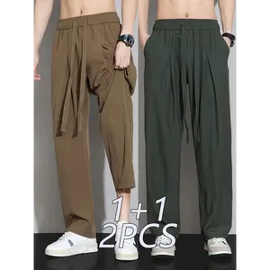 2pcs Men's Ice Silky Quick-Dry Straight Leg Pants - Lightweight, Breathable Summer Casual Sportswear in Black & Olive Green, Loose Fit with Elastic Waistband for Comfort, Comfy Pants, Athletic Leisurewear | Laceup Detailing