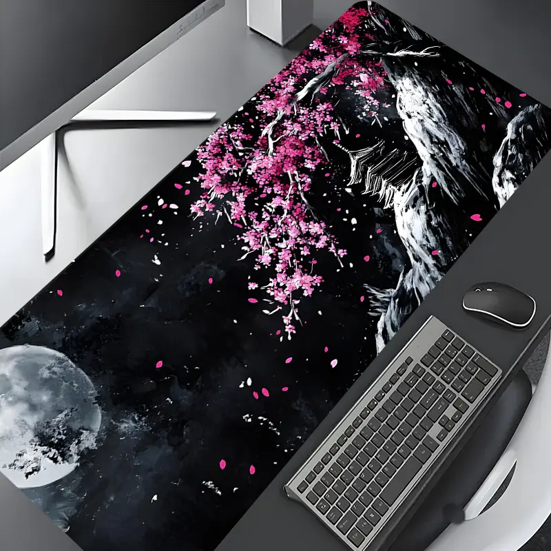 Japanese Cherry Blossom Ink Wash Painting Gaming Mouse Pad,Aesthetic Desktop Protection Pad,Washable Rubber Pad Non-Slip Lock Edge Multi-Size Computer Desk Mat For Home Office,Desk Accessories,Cute Office Desk Accessories,Gift for Family
